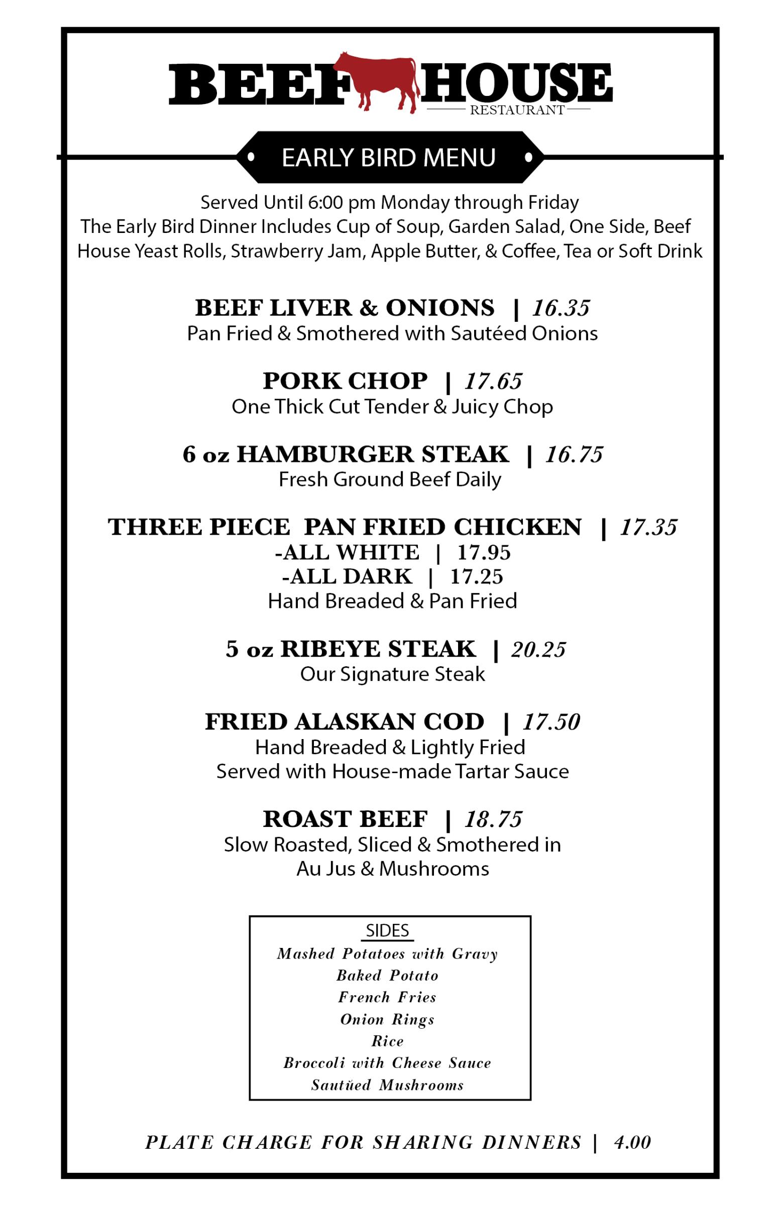 Early Bird Menu Beef House Restaurant