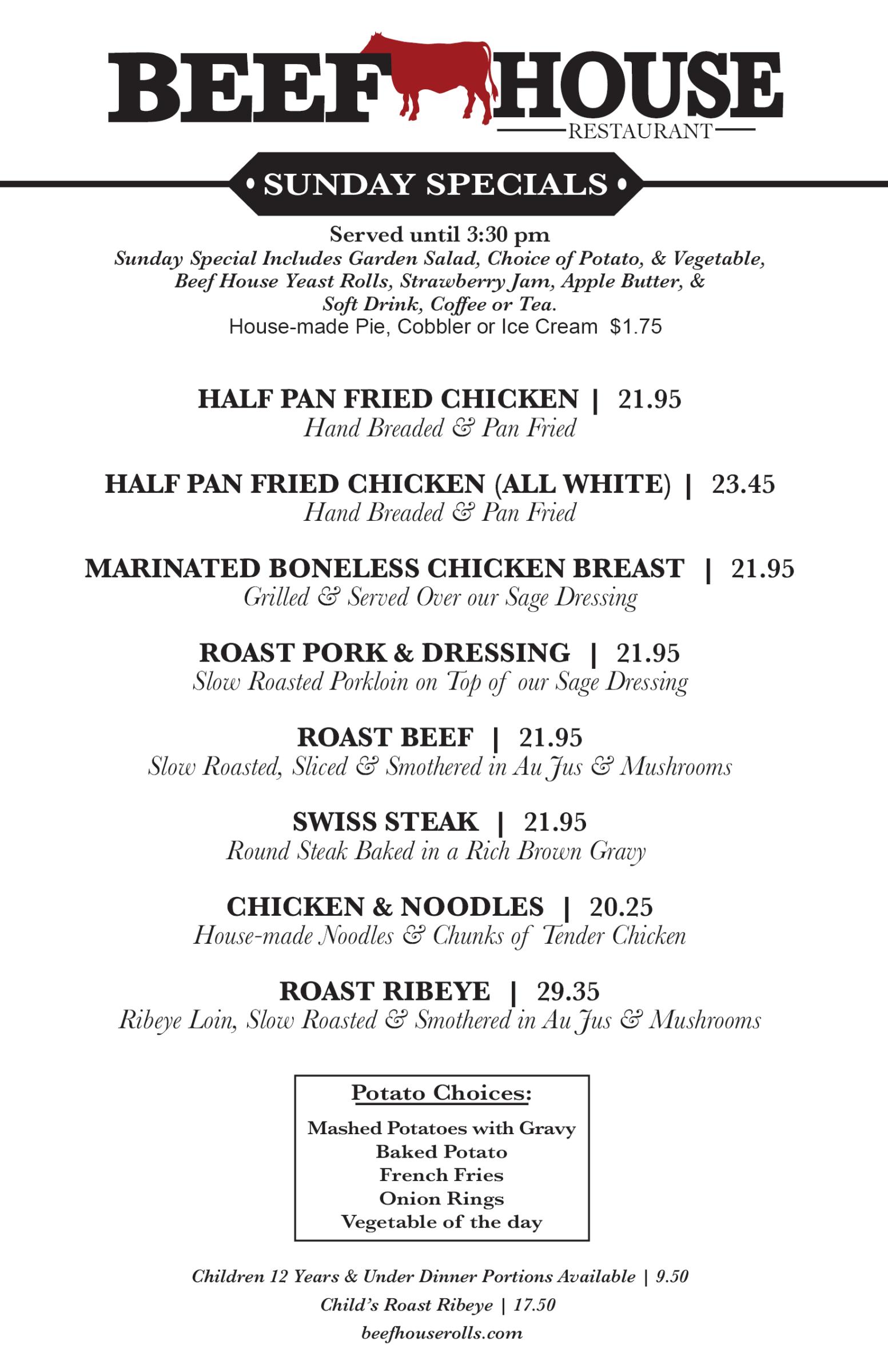Sunday Special Menu - Beef House Restaurant